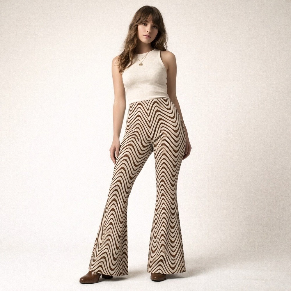 Urban‎ Outfitters Womens Flare Pants L Brown Zigzag Knit Y2K Retro Bell Clubwear
